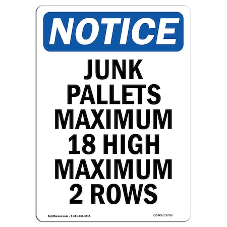 Signmission Safety Sign, OSHA Notice, 24" Height, Aluminum, Junk Pallets Maximum 18 High Maximum Sign, Portrait OS-NS-A-1824-V-13769